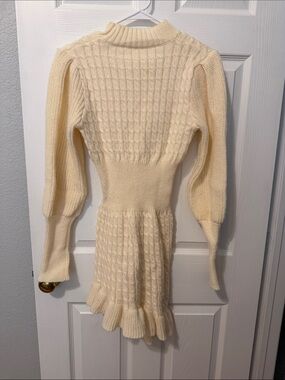 Cream Cable-Knit Long Sleeve Ruffle-Hem Dress
